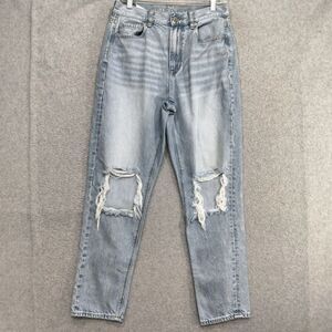 American Eagle Mom Jeans Wmns  6R Blue Stonewash Faded Distressed Whiskered Rips